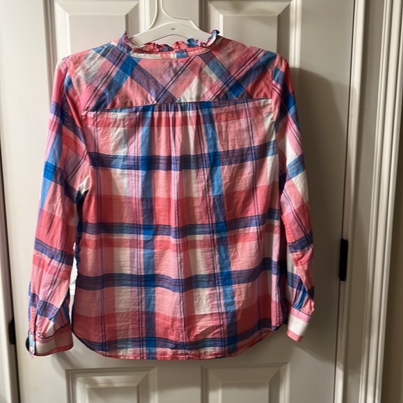 Talbots smock blouse, size M petite, plaid, salmon and blue, cotton - Picture 4 of 4